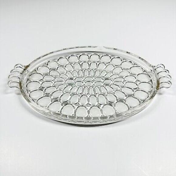Vintage Jeannette 12" Handled Glass Tray Thumbprint Gold Trim Platter Glassware - Picture 1 of 9